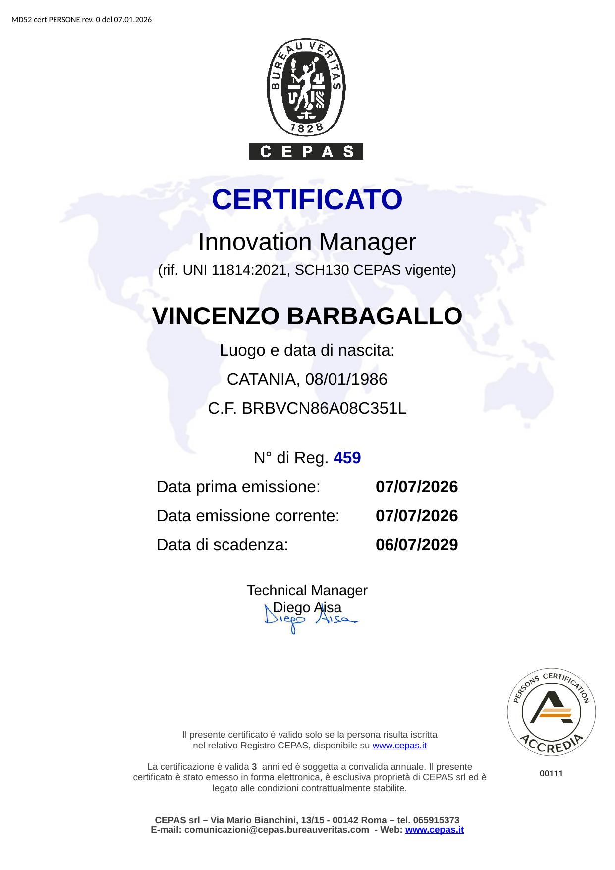 Certificato Innovation Manager UNI 11814:2021 – Vincenzo Barbagallo – CEPAS n. 459